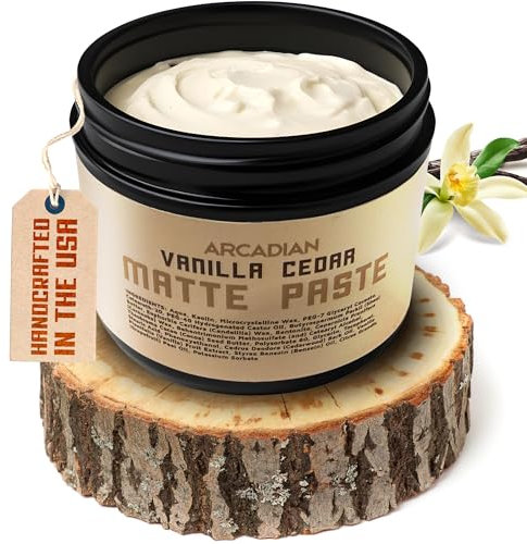 Arcadian Grooming Vanilla Cedar Matte Paste Mens Hair Styling Cream Heavy Hold Vegan Cruelty Free, 4oz
