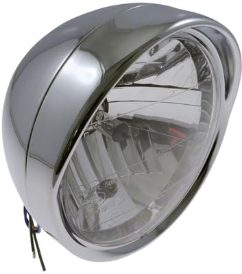 Scheinwerfer Cruiser Chrom mit Schirm, 6 1/2 Zoll, Motorrad, Chopper, unten | Klarglas-Hauptscheinwerfer mit verchromtem Metallgehäuse, kleinem Visier, H4-Einsatz mit Standlicht, inklusive Leuchtmittel