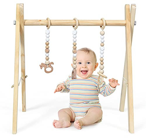 DREAMADE Spieltrapez aus Holz, Motorikspielzeug für Babys, Spielbogen mit 3 Spielzeugringe & 2 Kleinen Tiermodellen, Aktivitätszentrum mit Dreieckigen Struktur, für Kinderzimmer (Natur)