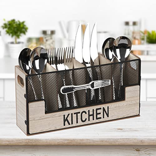 JUJOYBD Besteckkorb Tisch, Besteckhalter Holz 4 Fächer, dekoraitver Besteckbehälter Besteck Aufbewahrung, Besteckständer für Gabeln Messer Löffel und Küchenutensilien