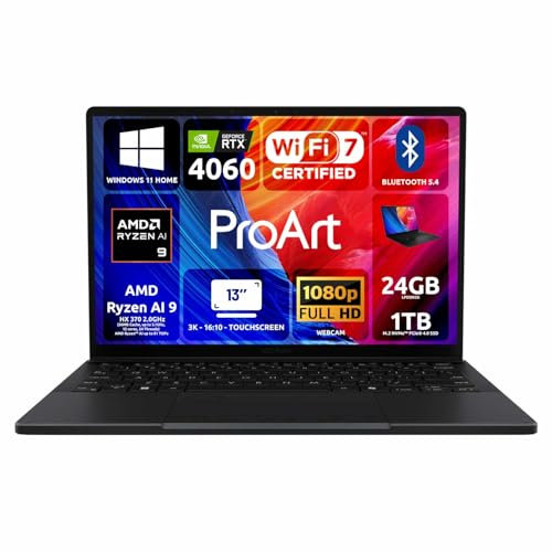 ASUS Notebook ProArt PX13OLED HN7306W, Monitor 13.30 Touch 3K(2880x1800) 16:10,AMD Ryzen AI 9 HX 370 2.0GHz,Ryzen AI, 24gb RAM,1TB M.2 NVMe PCIe 4.0 SSD, NVIDIA GeForce RTX 4060, Wi-Fi 7,Win 11