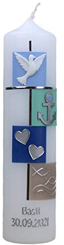 Christ-Kerzen Taufkerze Basti mit Taube, Anker, Herzen, Fische und Wellen 1426, Größe:ca. 30x7 cm