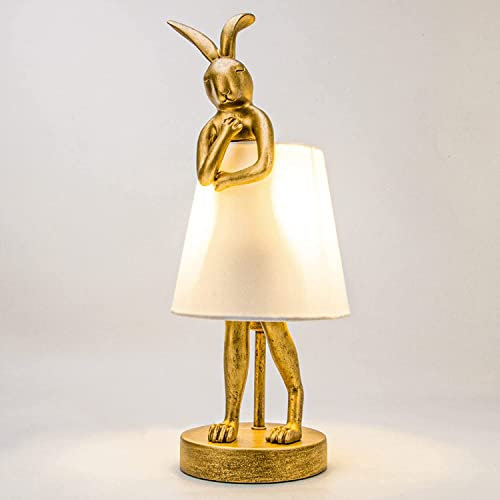 Animal Rabbit Lampe Tischleuchte Hase Gold Schöne Tischlampe in Hasen Form Schlafzimmer Nachttischlampe Lampenschirm aus Stoff in Weiß Kreatives Deko Nachtlicht E27 Schreibtischlampe Retro