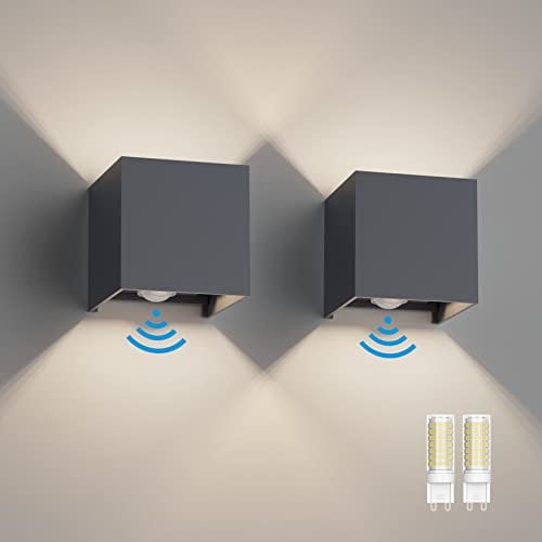 Klighten 2PCS Outdoor Wall Light with Motion Sensor, Waterproof IP54 Outside Wall Lamps with Sensor, Adjustable Beam Angle, Natural White 4000K, Antracita (G9 LED Bulb Include)