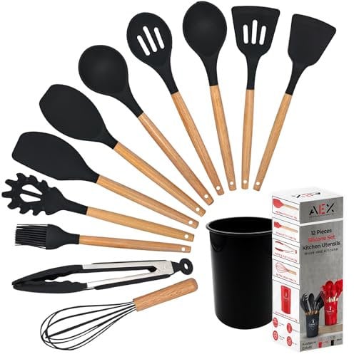 AEX Kitchen Utensils Set - 12 Pcs Cooking Utensils Set - Kitchen Utensils Set with Holder - Heat Resistant Silicone Utensil Set Non Stick Utensils with Wooden Handle Spatula Utensil Set (Jet Black)