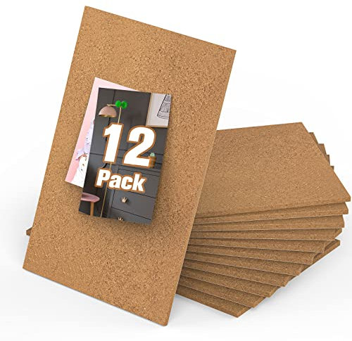 wsryx 12 Pack Rectangle Cork Board, Notice Letter Board Cork Tiles for Bedrooms Home Office Self Adhesive DIY Message Vision Board Kit with Push Pins for Pictures, Photos, Drawing