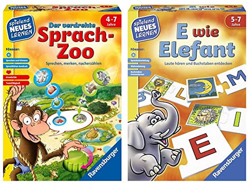 Ravensburger 24945 - Der verdrehte Sprach-Zoo - Spielen und Lernen für Kinder, Lernspiel für Kinder von 4-7 Jahren, Spielend Neues Lernen für 2-4 Spieler & 24951 - E wie Elefant