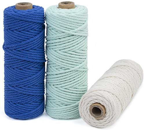 LEREATI Makramee Garn 3mm Set, 150m Makramee-Schnur, Farbig Baumwollseil, Baumwollgarn 3mm zum Makramee Deko, Hängepflanze, Wandbehang, Hochzeitsbogen (Marineblau, Hellblau, Natur)