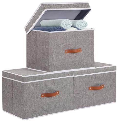 YheenLf 3 Stück Aufbewahrungsbox mit Deckel, Aufbewahrungsboxn Grau, Schrank Organizer, Faltbare Stoffboxn Aufbewahrung für Wohnzimmer, Schlafzimmer, 45x30x30cm