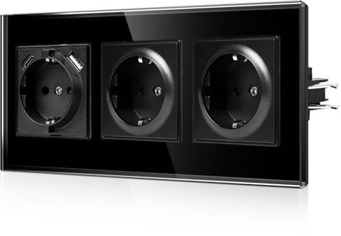 CNBINGO JFGM1 Triple prise USB avec griffes - Prise Schuko en verre encastrée avec port USB - 1 × (type C et USB-A max. 2,1 A) - Prise murale triple noire avec sécurité enfant