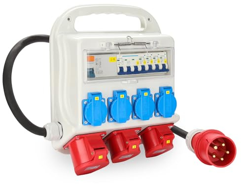 Eulenke Baustromverteiler mit FI-Schutzschalter, 1x CEE 32A + 2xCEE 16A + 4x230V Schuko Steckdosen, Wandverteiler mit Leitungsschutzschalter, IP44 Wasserdicht mit Sicherheitsklappdeckeln