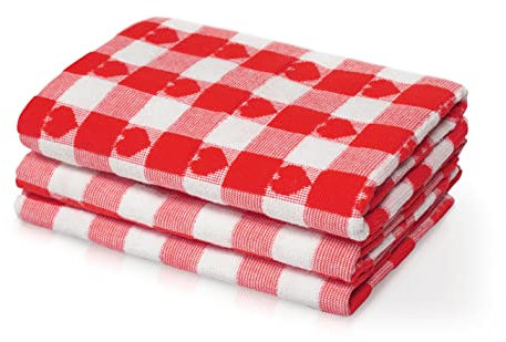 La Maison Pack of 3 Hearts Check Woven Tea Towel Large Super Absorbent 100% Cotton Kitchen Towels (Red)
