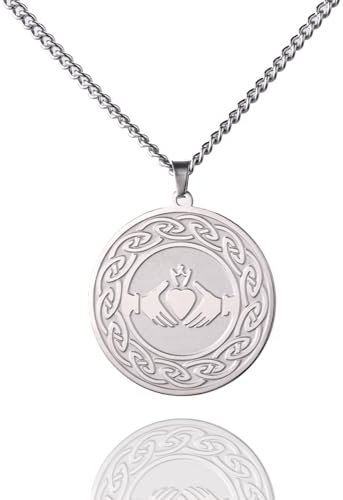 EUEAVAN Irische Claddagh Halskette Trinity Celtic Knot Anhänger Halskette Viel Glück Hexenknoten Claddagh Amulett Keltischer Schmuck für Frauen Männer St. Patrick's Day Geschenke (silver)