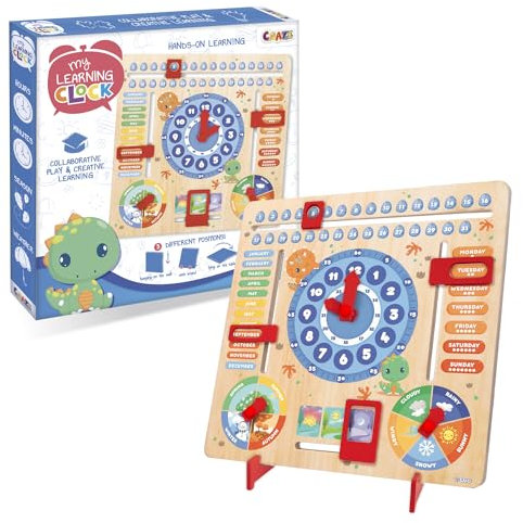 CRAZE My Learning Clock Dino ENGLISCHE SPRACHE - Lernuhr Kinder Holz, Kalenderuhr zum Lernen für Kinder, Lerntafel Uhr Jahreszeiten Wanduhr