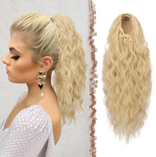 FESHFEN Pferdeschwanz Haarteil mit Kordelzug, Lange Wellen Zopf Verlängerung Haare Extensions Synthetik Wellig Haarverlängerung Clip in Ponytail für Damen, 45 cm Aschblond