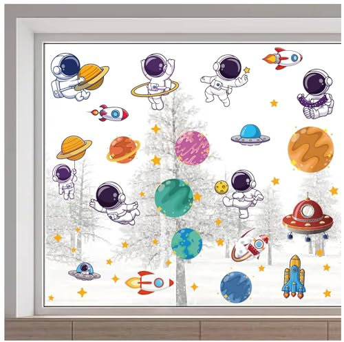 GORGECRAFT 116x38 cm Weltraum-Wandaufkleber Raketen-Wandsticker Doppelseitige Planeten-Fensteraufkleber Stern-Astronauten-Fensteraufkleber Nicht Klebende Statische Vinylfolie Für Glasschiebetüren