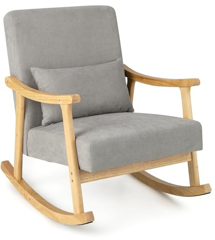 GIANTEX Moderner Schaukelstuhl, Schwingsessel mit gepolsterter Sitz & ergonomischer Rückenlehne & Holzrahmen, Loungesessel für Wohnzimmer, Schlafzimmer, Arbeitszimmer, braun/Natur(Natur), MY44619DE