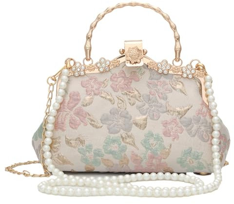 YeBon Sac de soirée rétro en jacquard brodé de style chinois avec chaîne pour femme, Fleur rose dorée, M