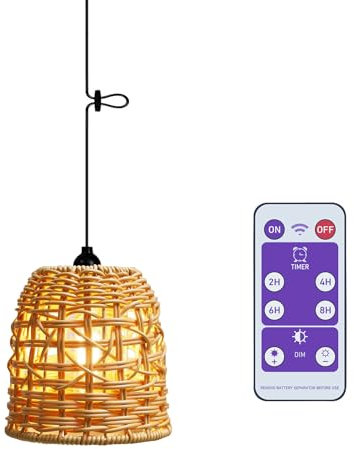 EcoGehen Boho Pendant Lamp with Battery Outdoor Indoor Hanging Light Battery Operated Lamp Lantern Rattan Lampshade Pendant Light without Electricity Outdoor Lighting for Garden Cuddly Corner Bedroom