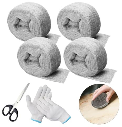 4 Piezas 100g Lana de Acero con Guantes y Tijeras Set, 000 Gruesa Lana de Alambre para Limpiar y Pulir, Lana de Acero para Prevenir Los Ratones