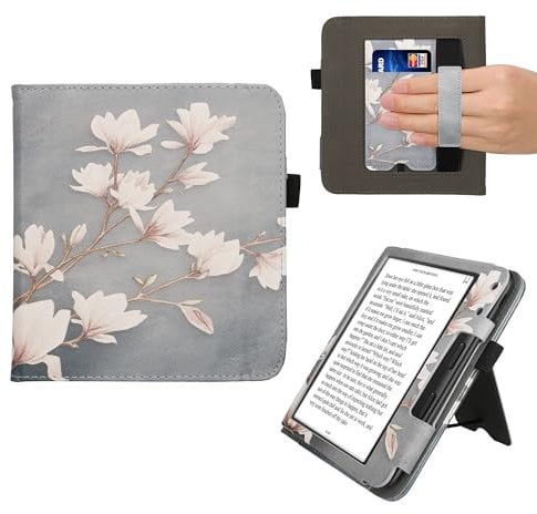 kwmobile Flip Cover kompatibel mit Kobo Kobo Libra Colour/Tolino Vision Color - Hülle mit Handschlaufe Magnolien Taupe Weiß Blaugrau