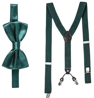 Massi Morino Hosenträger mit Fliege Dunkelgrün Set für Herren und Damen I Y-Form Träger elastisch mit extra starken Clips - 3,5cm breit - längenverstellbar I Vorgebundener Schlips für Anzug