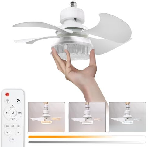 OKSANO 36cm Silencieux Ventilateur de Plafond avec Lumière et Telecommande,30W Lampe Ventilateur avec Douille E27, Dimmable LED Ventilateur Plafond pour Chambre, Salon, 3 Vitesses, 5 Pales