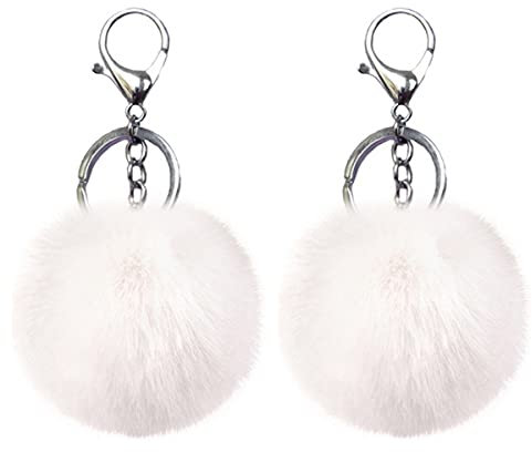 Xsclpomddy 2 Stück Pom Pom Schlüsselbund künstliche weiche Kaninchenhaar Taschenanhänger Ball Schlüsselanhänger für Handtasche Auto Anhänger,white