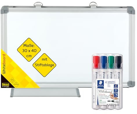 Idena 90885 - Whiteboard mit Stiftablage, ca. 40 x 30 cm, inkl. 4 STAEDTLER Whiteboard-Marker Lumocolor mit Rundspitze ca. 2 mm Linienbreite