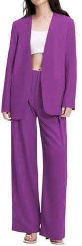 Minetom Tailleur Donna Elegante Business Maniche Lunghe Ufficio Blazer Tinta Unita Straight Pantaloni e Giacca Completo Due Pezzi Set A Viola Scuro XS