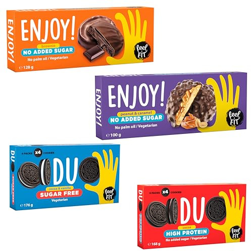 Feel Fit Pack de 10 Biscuits – Duo Sugar Free (2x), Duo High Protein 22% (2x), Enjoy! Peanut & Caramel (4x), Enjoy! Brownie (2x) – Sans sucre, Riche en protéines, Snack sain à emporter
