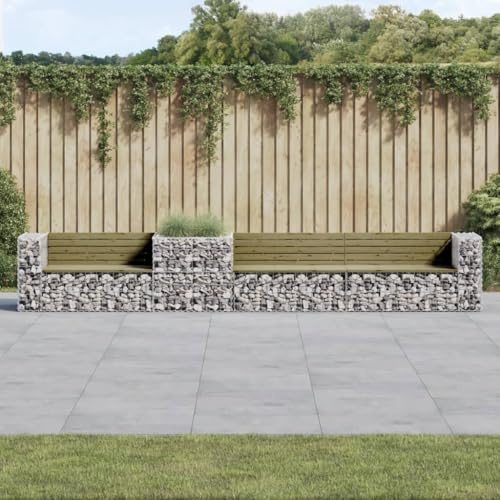 Makastle Gartenbank mit Blumenkasten Gabione, Outdoor Bank mit Metallrahmen für Terrasse, Park, 3-4 sitzer, Massivholz Kiefer 417 x 71 x 65,5 cm Braun