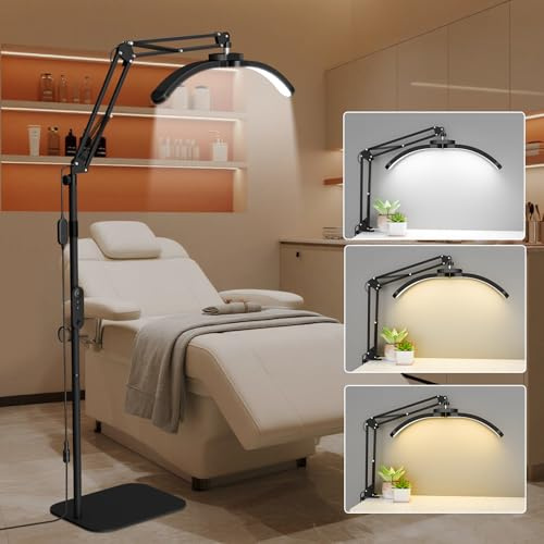 Lash Light for Eyelash Tech, 2 in 1 Half Moon Light Lamp, 22'' Foldable LED Floor Lamps for Eyelash Extensions with Phone Holder & Desk Clip for Skincare, Nail Tech, Beauty Salon, 3 Modes (Black)