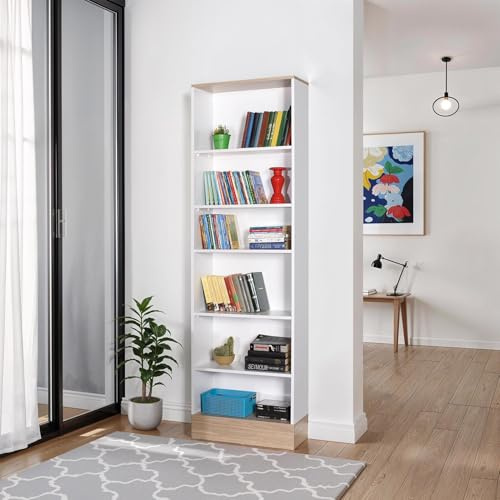 FWStyle Teen White & Italian Oak 6 Tier Bookcase – Tall Slim Storage Shelving Unit with Adjustable Shelves