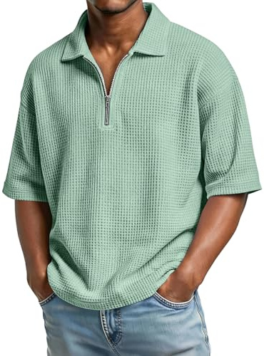 Herren Polo Shirts Kurzarm mit Reißverschluss, Klassisch Stretch Freizeit Golf Polohemd Regular Fit Waffelstrick T-Shirt