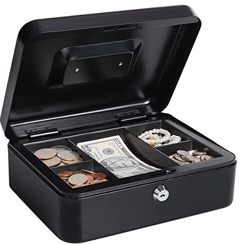 Lovndi Geldkassette mit Geldfach und Schloss, Metall Spardose für Bargeld, Lockbox 9,84 x 7,87 x 3,54 Zoll, Schwarz