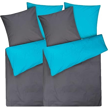 Moon 2er Pack Renforcé Uni Wendekissenhülle, Kissenbezug mit Reißverschluss aus 100% Baumwolle, ca. 80x80 cm (anthrazit/türkis)