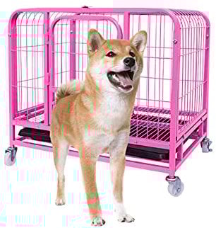 Moderner Faltbar Hundebox Metall Reißfest Hundekäfigkiste Schwerlast Quadratische Röhre Hundehütte Mit Selbst-verriegelungsverriegelungen Abschließbare Räder Für Mittel Groß Hunde-Rosa 78x54x71cm