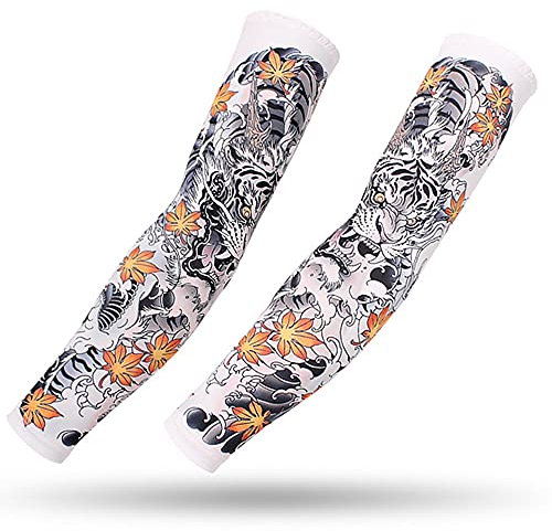 DETUCK Manchons de tatouage - Manchettes chauffantes - Protection UV - Protection solaire - Manchons de bras - Refroidissement UPF 50+ - Manchons de compression (une paire), tigre, F