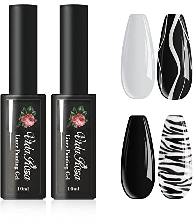 Black & White, VidaRosa Professional Gel Nail Polish Special Liner Brush for Manicure Striping/Strokes/Painting Details, Nails Gel Liner Polish for UV LED Nail Art Drawing Salon Use