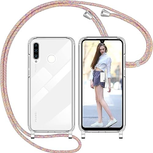 Nupcknn Handykette Hülle für Huawei P30 Lite Hülle TPU Bumper+PC Back Necklace(abnehmbar) Transparent Hülle mit Kordel zum Umhängen Handy Schutzhülle mit Band (Regenbogen)