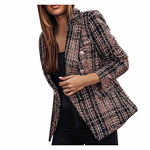 AMhomely Jackets for Women UK, Women Business Vintage Print Suit Slim Double Breasted Blazer Jacket Ladies Loose Cardigans Shirt Coat Jackets Trench Topcoats Brown, XXL