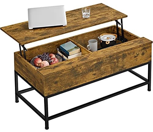 Yaheetech Lift-top Coffee Table with Storage Compartments and Metal Legs for Living Room, Wood Side Tea Table Retractable Sofa Desk for Home, Easy Assembly Rustic Brown