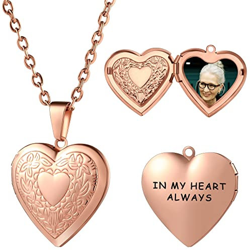MeMeDIY Heart Locket Necklace that Holds Pictures, Personalized Heart Picture Necklace for Women, Stainless Steel, Rose Gold Pattern 20 Inch Chain Type