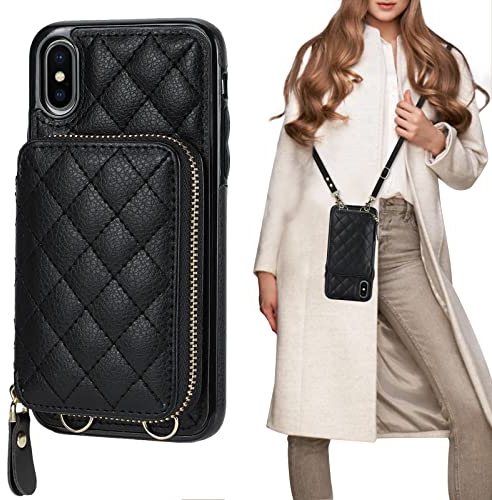 Bocasal Crossbody Wallet Case for iPhone X Xs, RFID Blocking PU Leather Zipper Handbag Purse Flip Cover, Kickstand Folio Case with Card Slots Holder Wrist Strap Lanyard 5.8 Inch (Black)