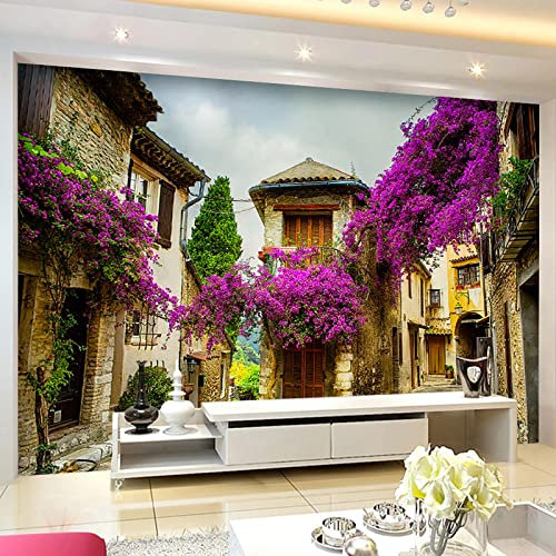 YABAOST Selbstklebendes Wandbild 250X175Cm 3D Wandtattoo Wandsticker Schlafzimmer Lila Blumen Häuser Wanddeko Wandaufkleber Wohnzimmer Tapete Wasserdichtes Pvc Wandbild Hintergrund