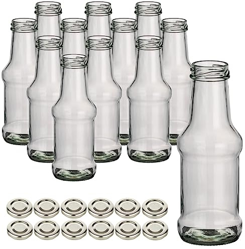 gouveo 12er Set Glasflasche 250 ml Barbecue mit Schraubdeckel TO38 silberfarben - Kleine Flasche 0,25 l mit Schraubverschluss zum Befüllen mit Ketchup, Grillsauce, Saft