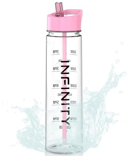 Infinity Auxesia Water Bottle with Straw - Plastic Sports Bottle with Straw and Leak-Proof Seal Cap for Daily Use - BPA-Free Reusable Sports Bottle - 900ml Capacity Motivational Time Mark - Baby Pink