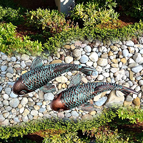 Set mit 2 Gartenskulpturen und Statuen, Koi-Fisch-Gartenkunst, Koi-Fisch-Dekoration, antike Keramik-Koi-Fisch, Hof-Kunstdekoration, leuchtender Gartenfisch bei Nacht, Teich, Heimdekoration (Bronze)