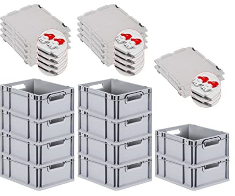 PROREGAL SuperSparSet 10x Eurobox NextGen Grip mit Scharnierdeckel und roten Schiebeschnappverschlüssen, HxBxT 17x30x40cm, 16 L, Grau, Griffe offen, Eurobehälter, Transportbox